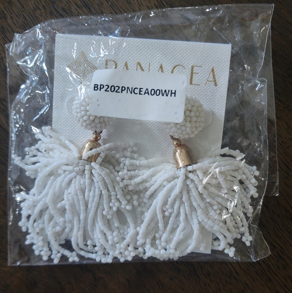 Panacea Beaded White Tassel Earrings - Picture 2 of 5